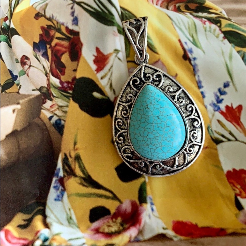 Pear-Shaped Natural Turquoise Stone + Antiqued Silver Scroll Pendant